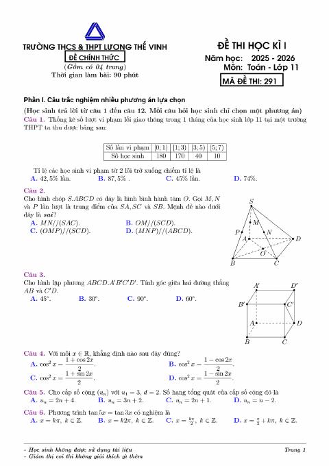 Đề thi Học kì 1 Toán 11 năm 2025-2026 trường THCS&THPT Lương Thế Vinh (Hà Nội)